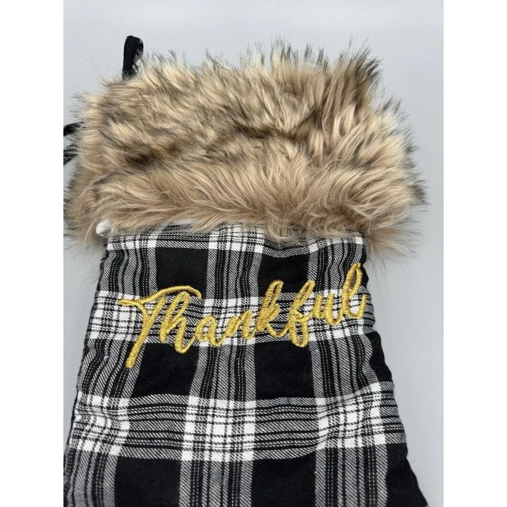Christmas Stocking With Faux Fur Black & White Plaid 